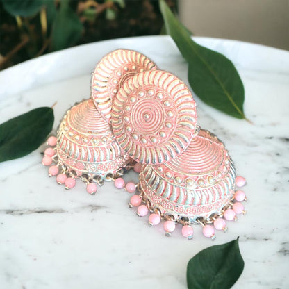 PASTEL PINK  BEADED FLORAL JHUMKA