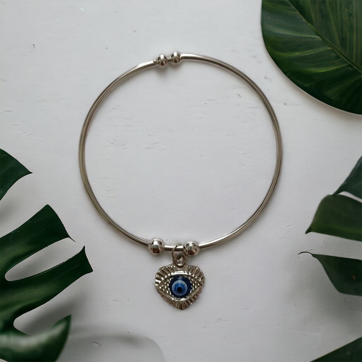 SILVER HEART EVIL EYE BRACELET